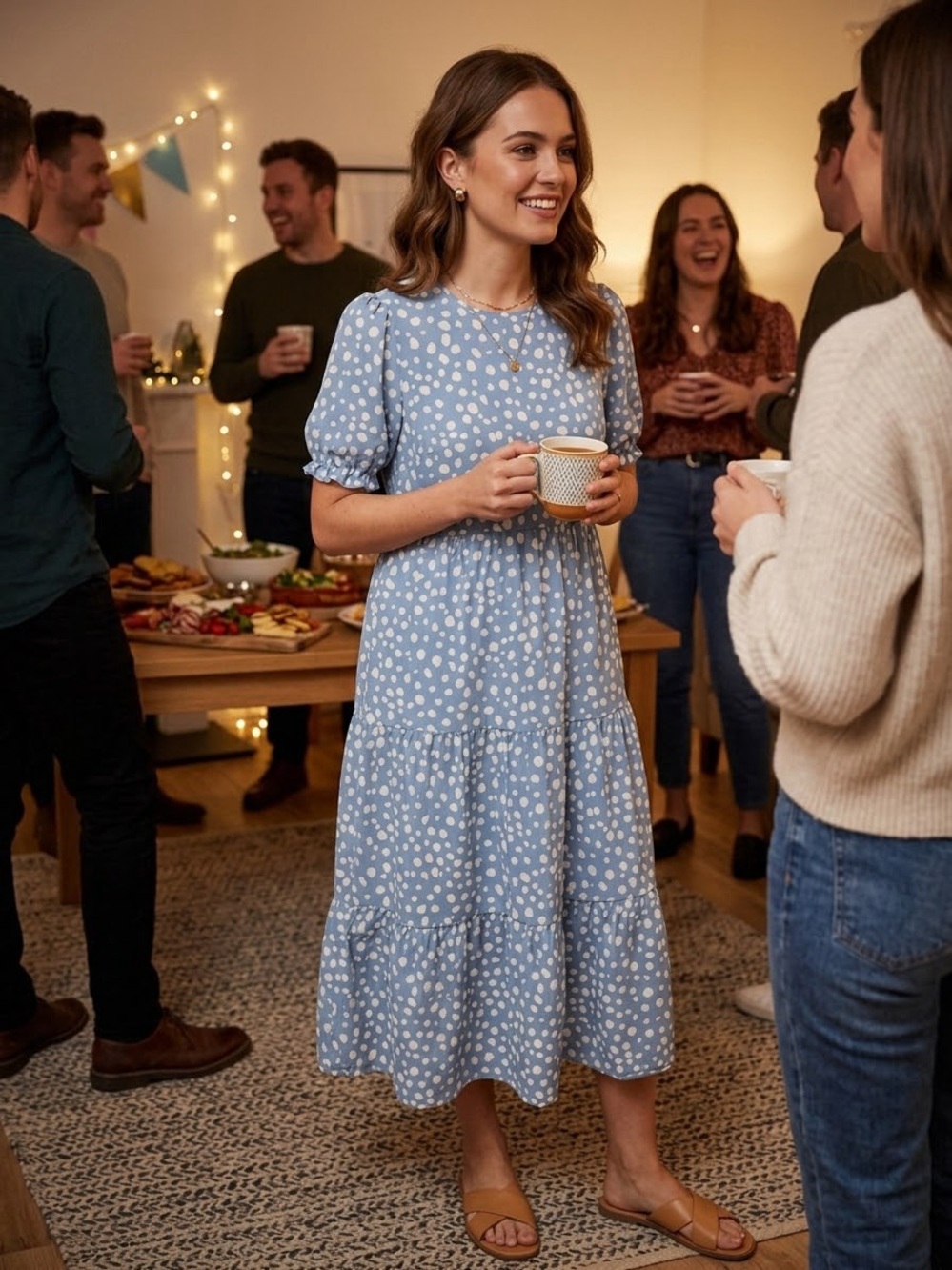 Light Blue Polka Dot Midi Dress - Casual Tiered Sleeve Dress